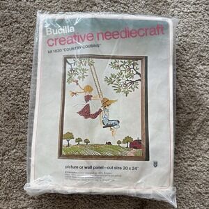 Vtg 70s Bucilla 1820 Country Cousins Crewel Embroidery Kit Tree Swing NOS Sealed